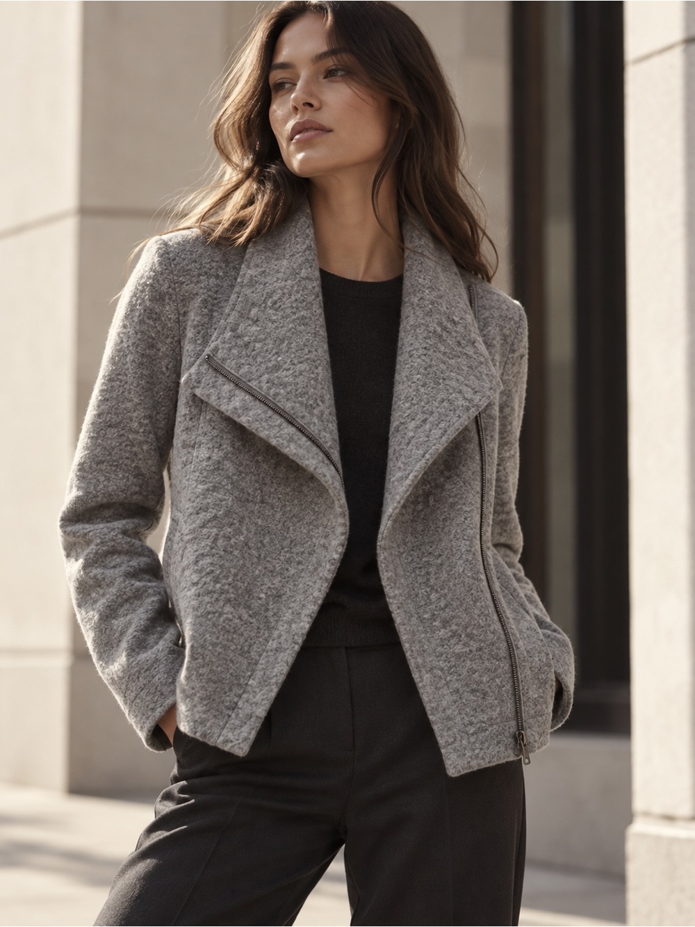 Marisa & Marie Gray Wool Blend Asymmetrical Moto Jacket Made Italy M